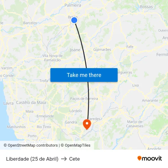 Liberdade (25 de Abril) to Cete map