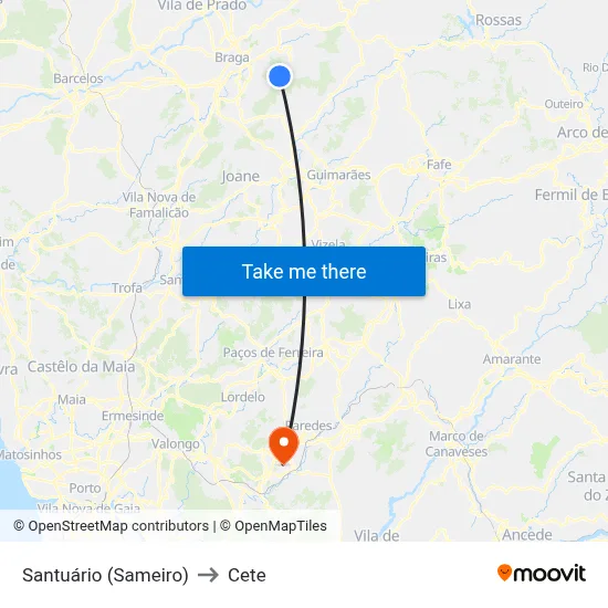 Santuário (Sameiro) to Cete map