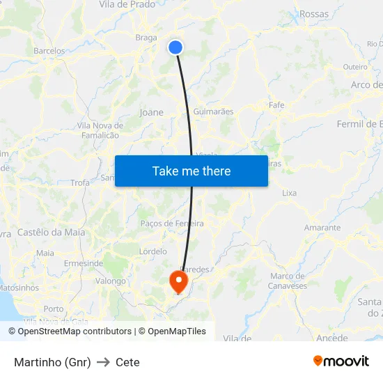 Martinho (Gnr) to Cete map