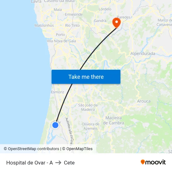 Hospital de Ovar - A to Cete map