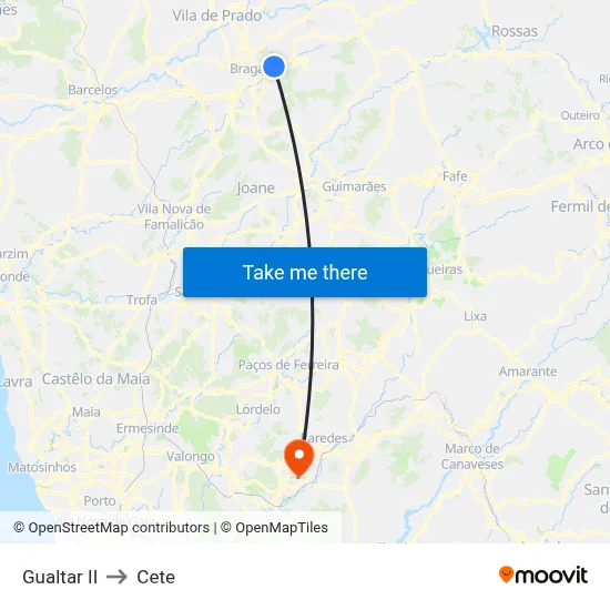 Gualtar II to Cete map