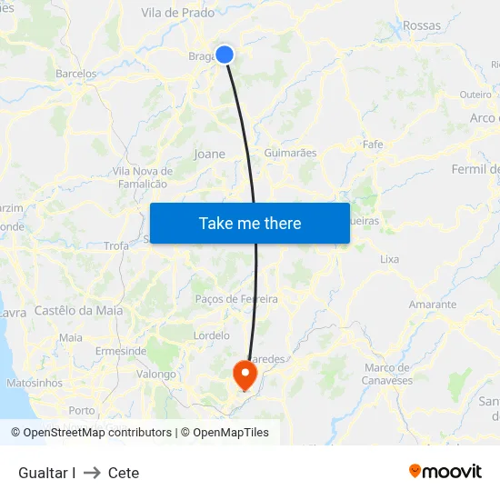 Gualtar I to Cete map