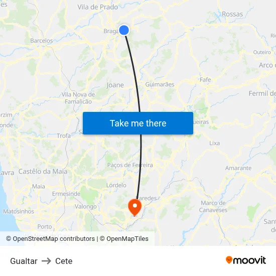 Gualtar to Cete map