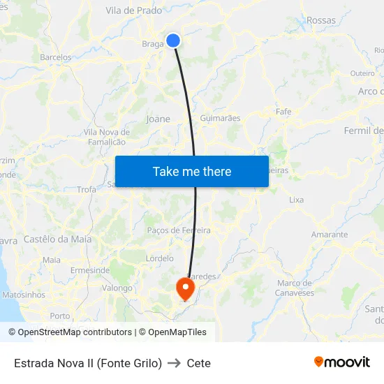 Estrada Nova II (Fonte Grilo) to Cete map