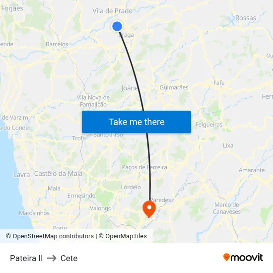 Pateira II to Cete map