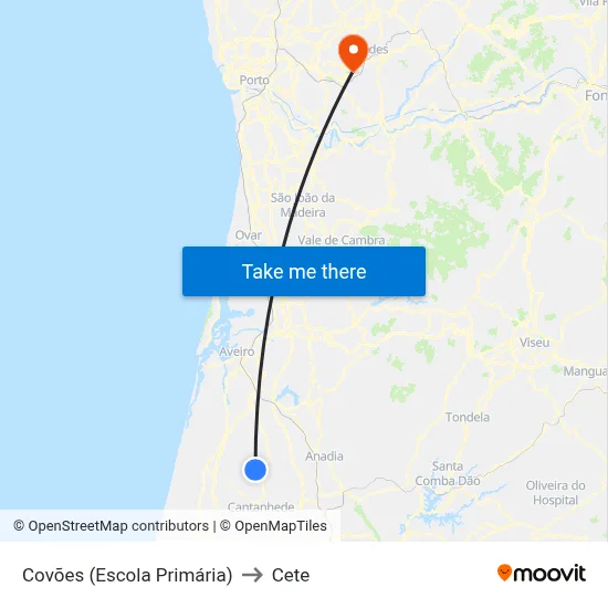 Covões (Escola Primária) to Cete map