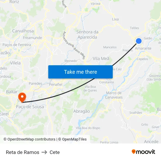 Reta de Ramos to Cete map