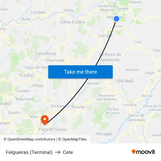 Felgueiras (Terminal) to Cete map