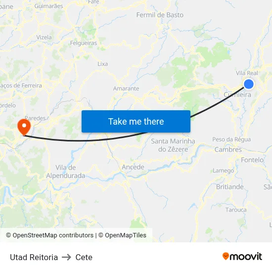 Utad Reitoria to Cete map