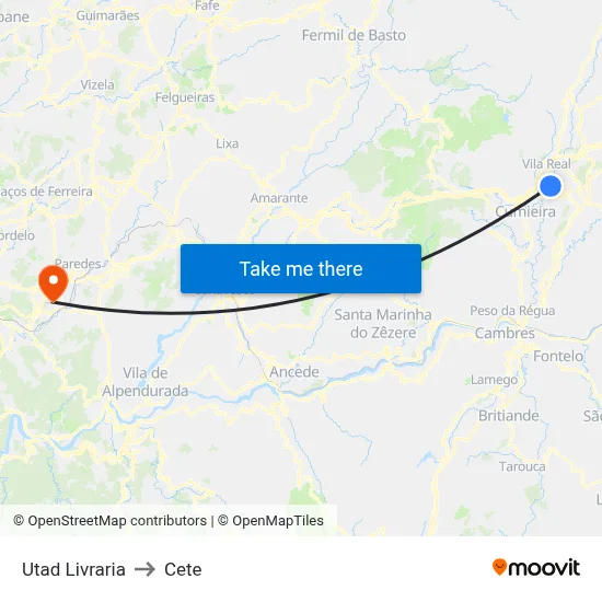 Utad Livraria to Cete map