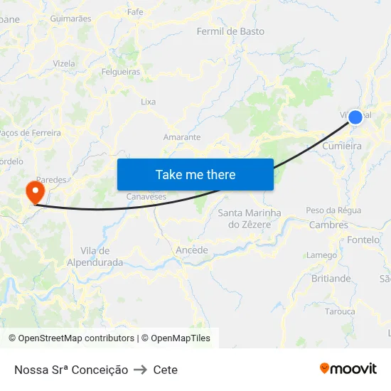 Nossa Srª Conceição to Cete map