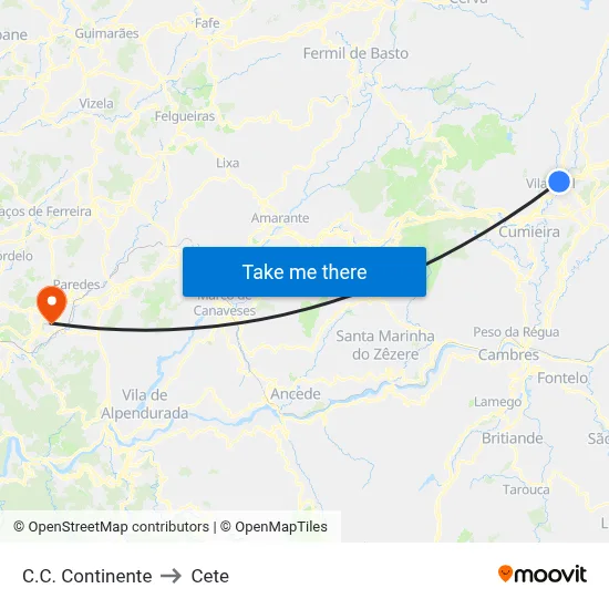 C.C. Continente to Cete map