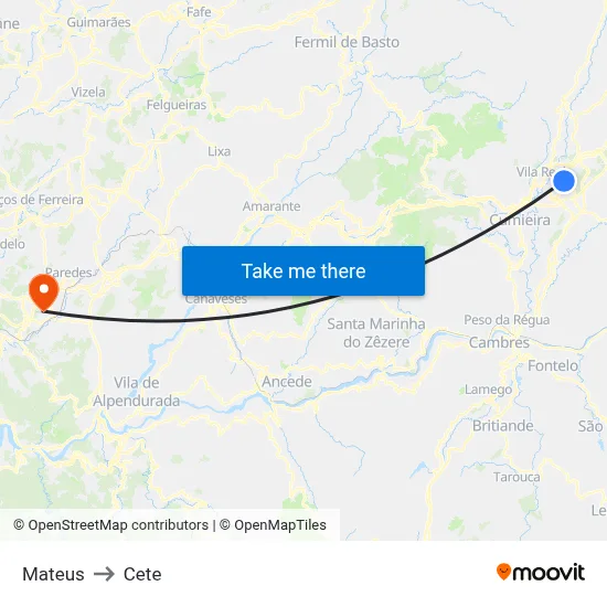 Mateus to Cete map