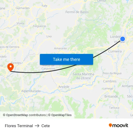 Flores Terminal to Cete map