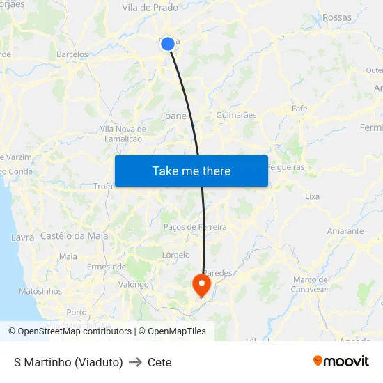S Martinho (Viaduto) to Cete map
