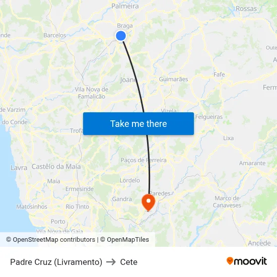 Padre Cruz (Livramento) to Cete map