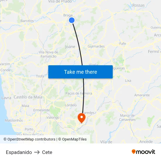Espadanido to Cete map