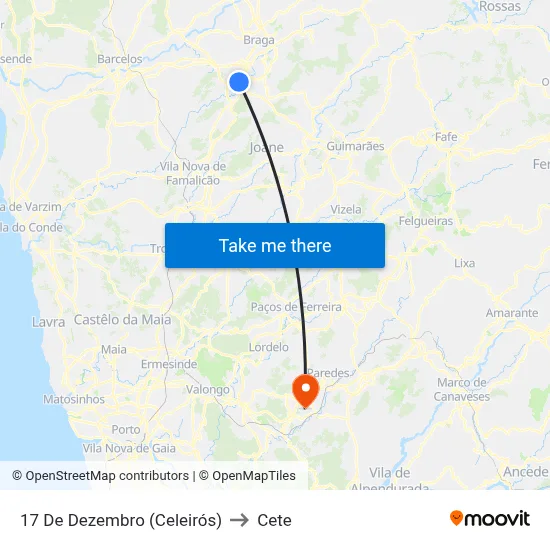 17 De Dezembro (Celeirós) to Cete map