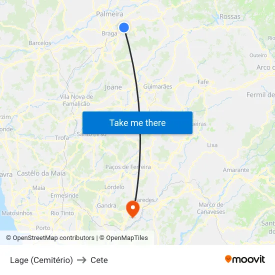 Lage (Cemitério) to Cete map
