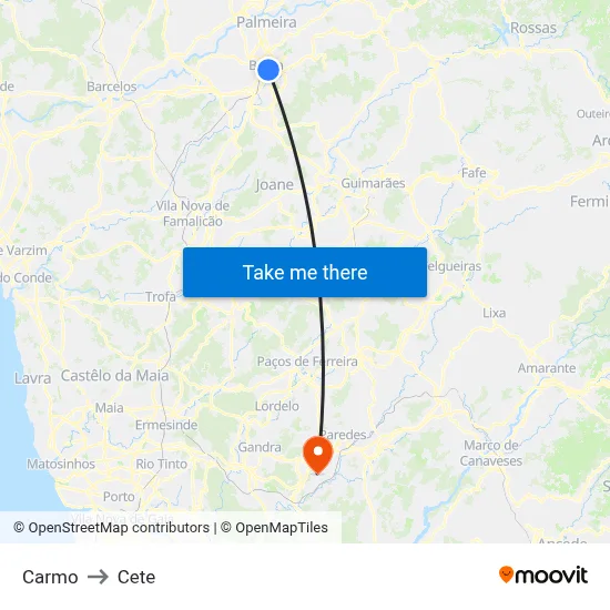 Carmo to Cete map