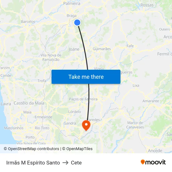 Irmãs M Espírito Santo to Cete map