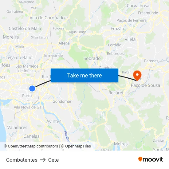Combatentes to Cete map