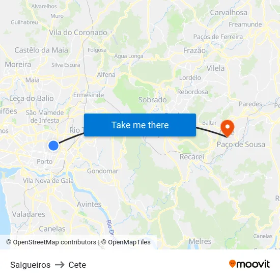 Salgueiros to Cete map
