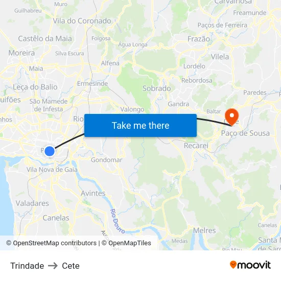 Trindade to Cete map