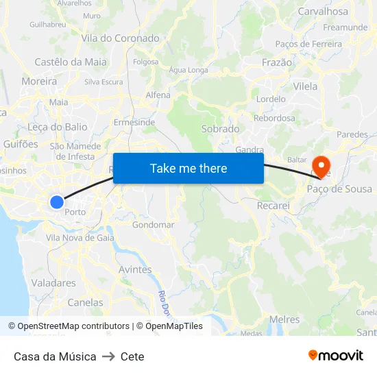 Casa da Música to Cete map