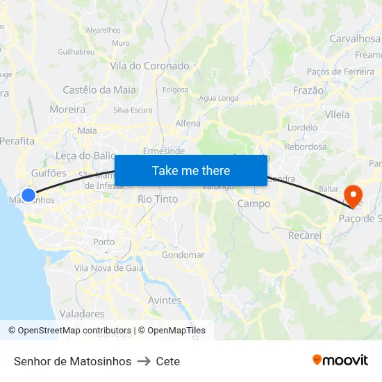 Senhor de Matosinhos to Cete map