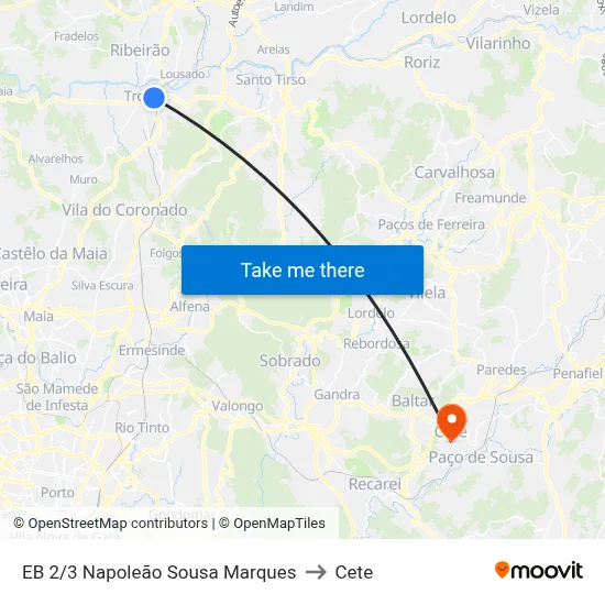 EB 2/3 Napoleão Sousa Marques to Cete map
