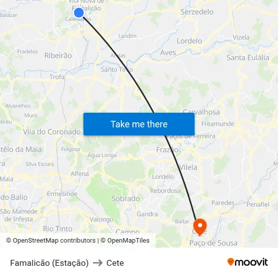 Famalicão (Estação) to Cete map