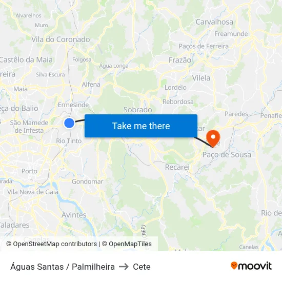 Águas Santas / Palmilheira to Cete map