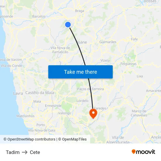 Tadim to Cete map