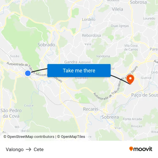 Valongo to Cete map