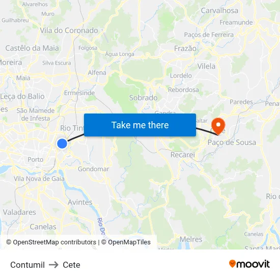 Contumil to Cete map