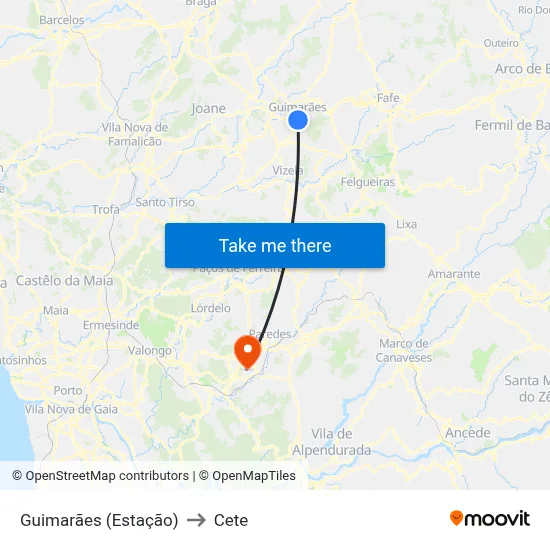 Guimarães (Estação) to Cete map