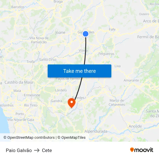 Paio Galvão to Cete map
