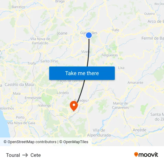 Toural to Cete map