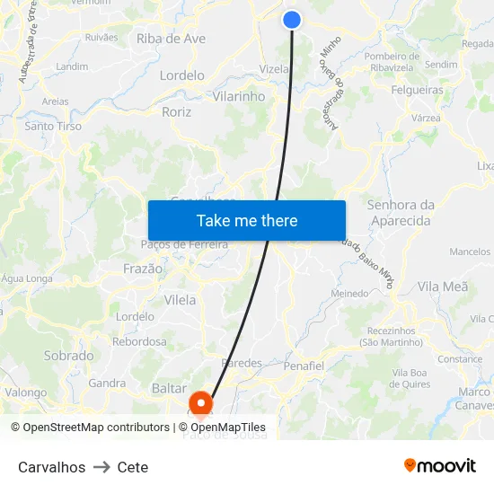 Carvalhos to Cete map