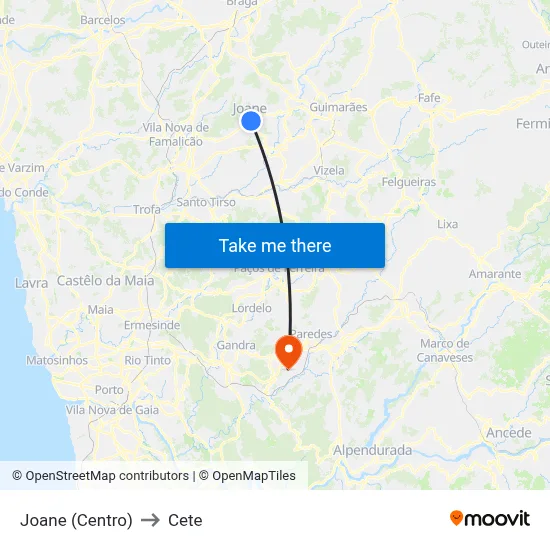 Joane (Centro) to Cete map