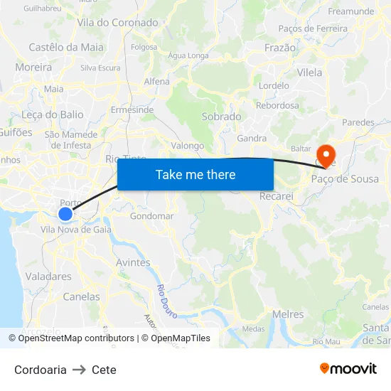 Cordoaria to Cete map