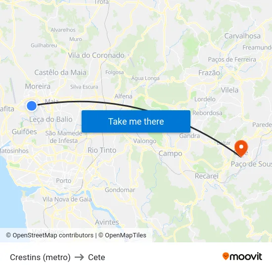 Crestins (metro) to Cete map