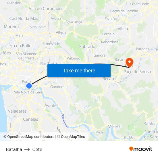 Batalha to Cete map