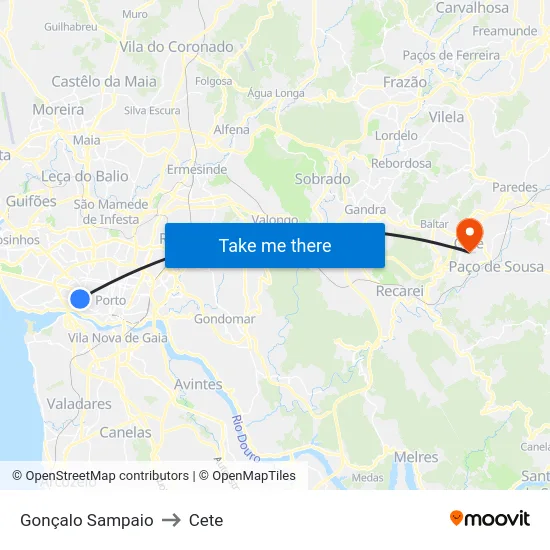 Gonçalo Sampaio to Cete map