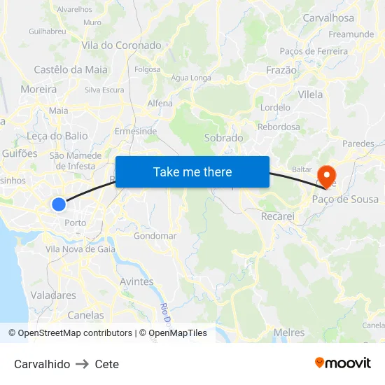 Carvalhido to Cete map