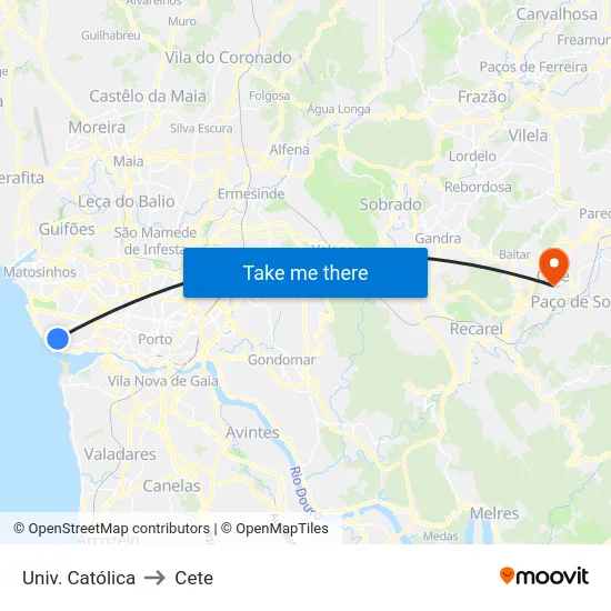 Univ. Católica to Cete map