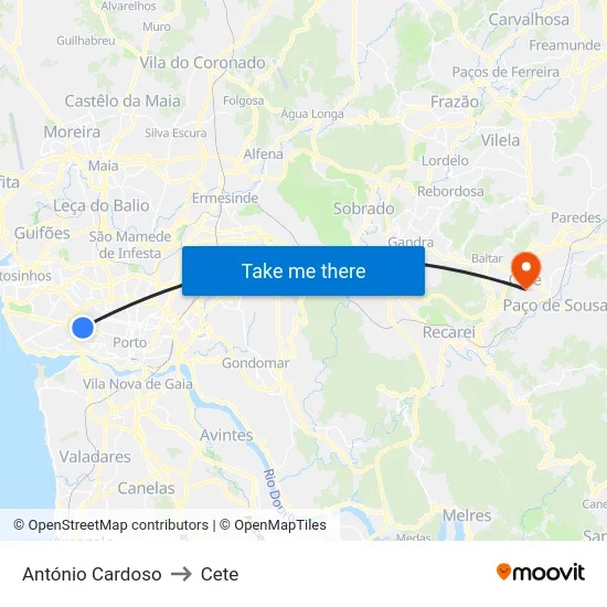 António Cardoso to Cete map