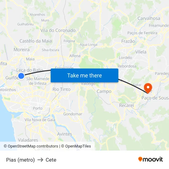 Pias (metro) to Cete map
