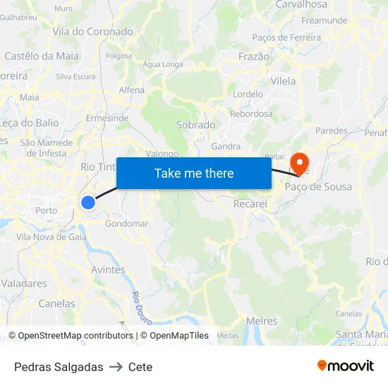 Pedras Salgadas to Cete map